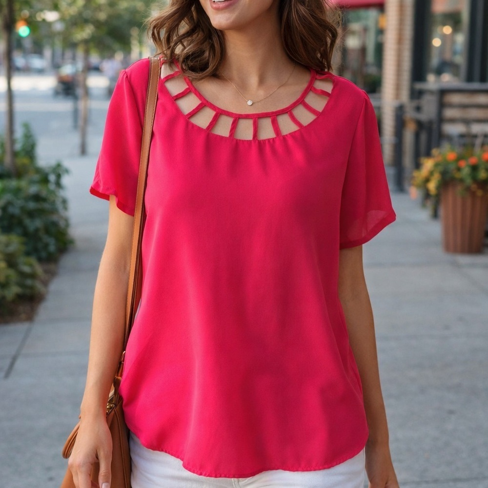 Lily White Fuchsia Cutout Neck Blouse